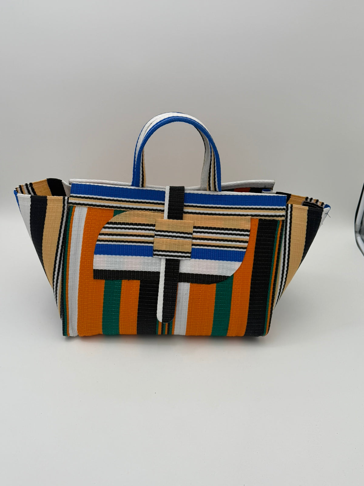 Citrus Large handwoven tote bag by SCRUBIES in Orange,Beige,White,Black,Green with Stripes design and Almond accent pattern