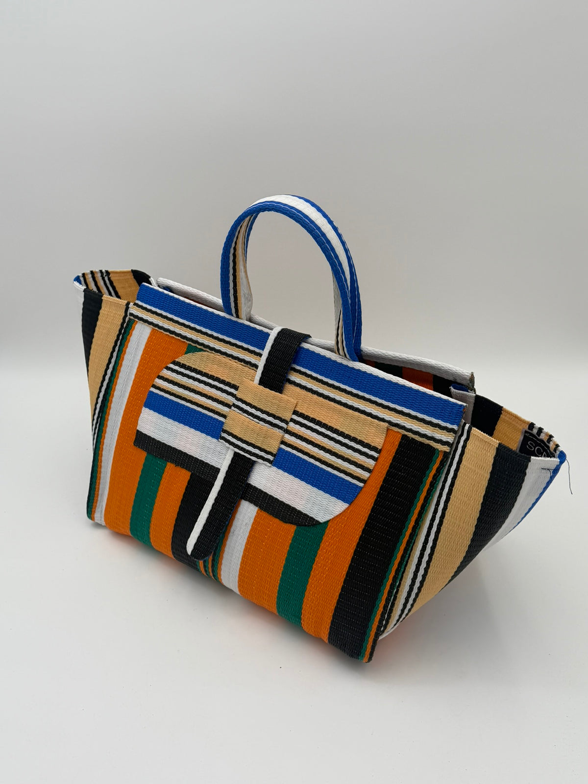Citrus Large handwoven tote bag by SCRUBIES in Orange,Beige,White,Black,Green with Stripes design and Almond accent pattern