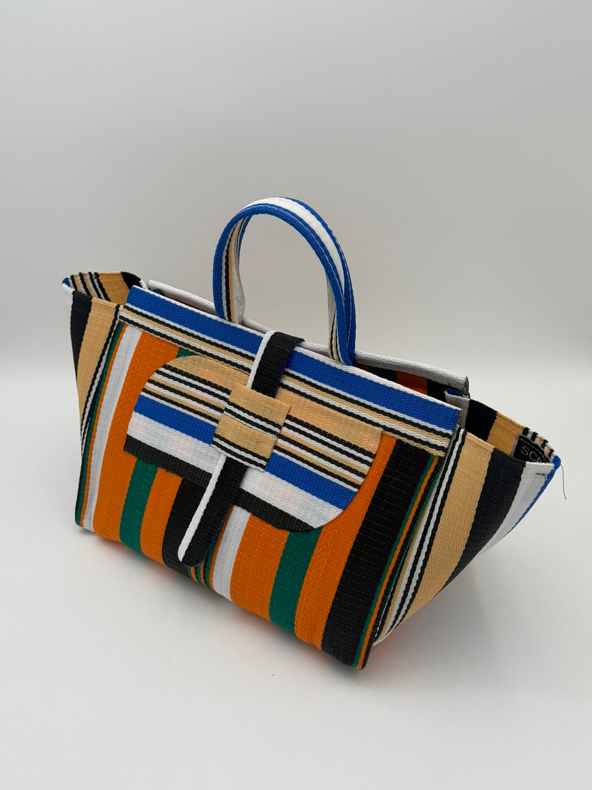 Citrus Large handwoven tote bag by SCRUBIES in Orange,Beige,White,Black,Green with Stripes design and Almond accent pattern