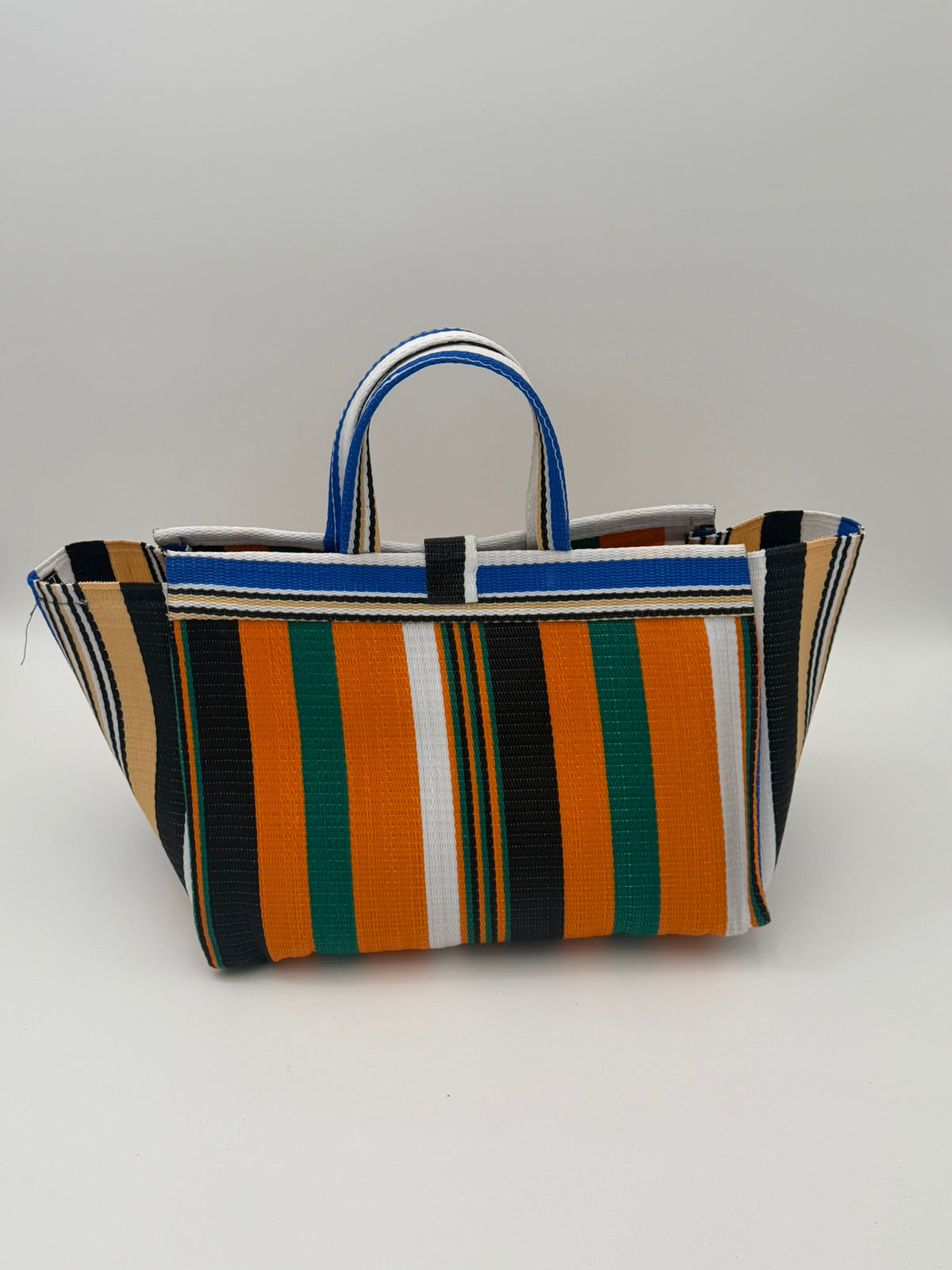 Citrus Large handwoven tote bag by SCRUBIES in Orange,Beige,White,Black,Green with Stripes design and Almond accent pattern