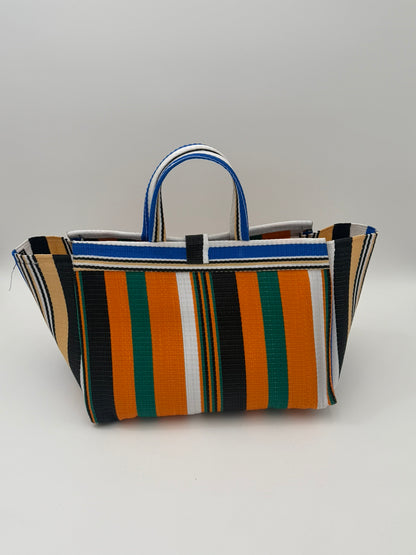 Citrus Large handwoven tote bag by SCRUBIES in Orange,Beige,White,Black,Green with Stripes design and Almond accent pattern
