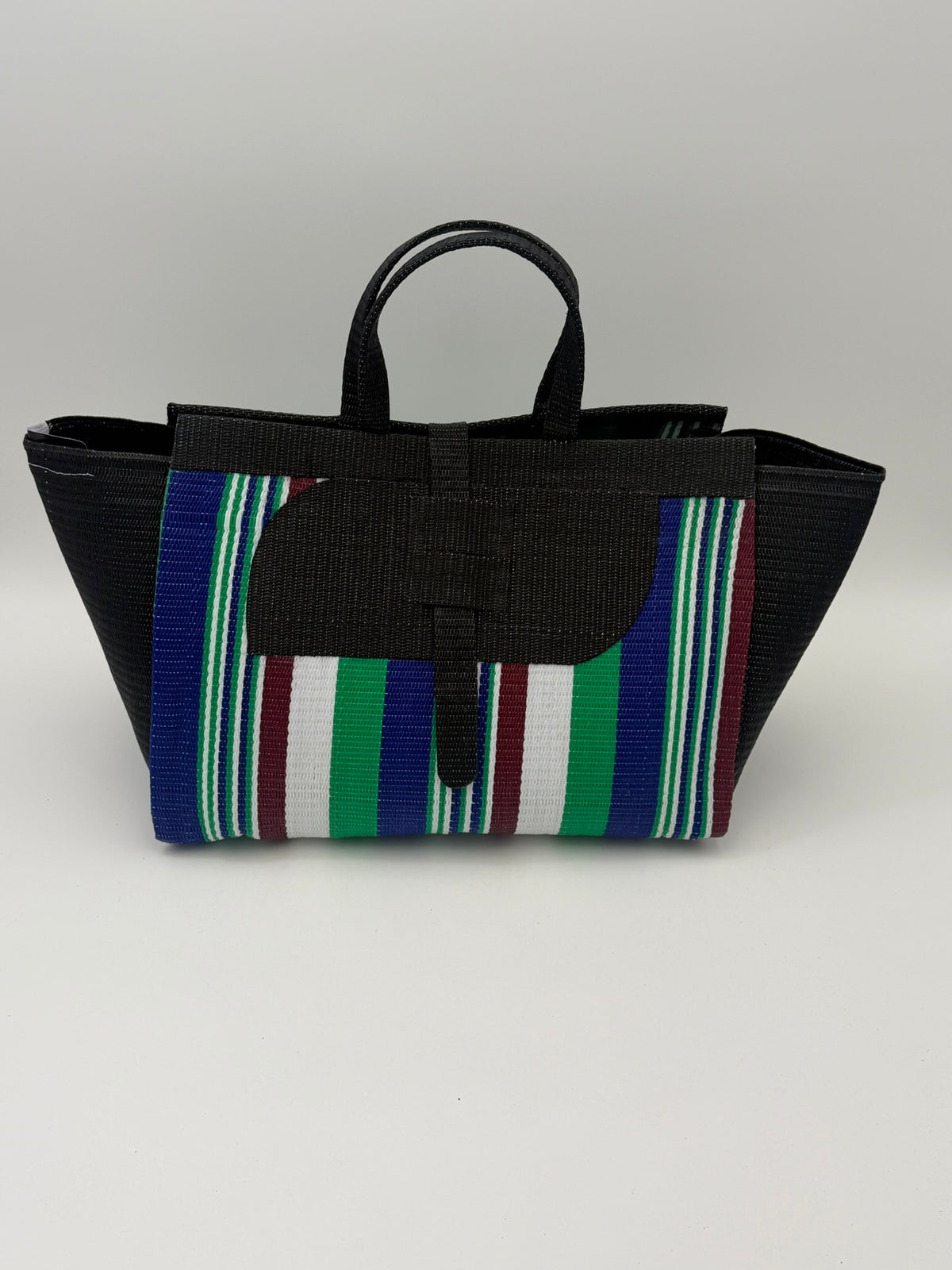 Emerald Large handwoven tote bag by SCRUBIES in Black,Blue,White,Green, with Stripes design and Almond accent pattern