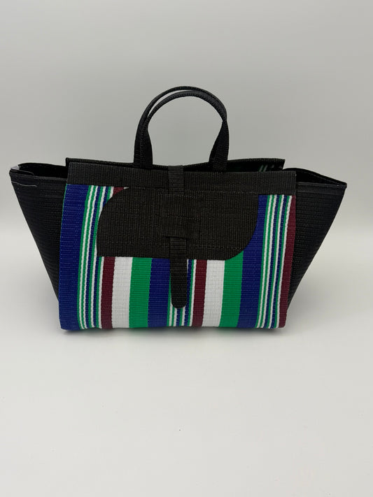 Emerald Large handwoven tote bag by SCRUBIES in Black,Blue,White,Green, with Stripes design and Almond accent pattern