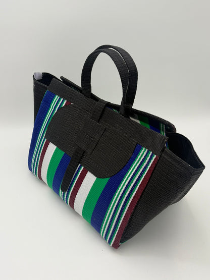 Emerald Large handwoven tote bag by SCRUBIES in Black,Blue,White,Green, with Stripes design and Almond accent pattern