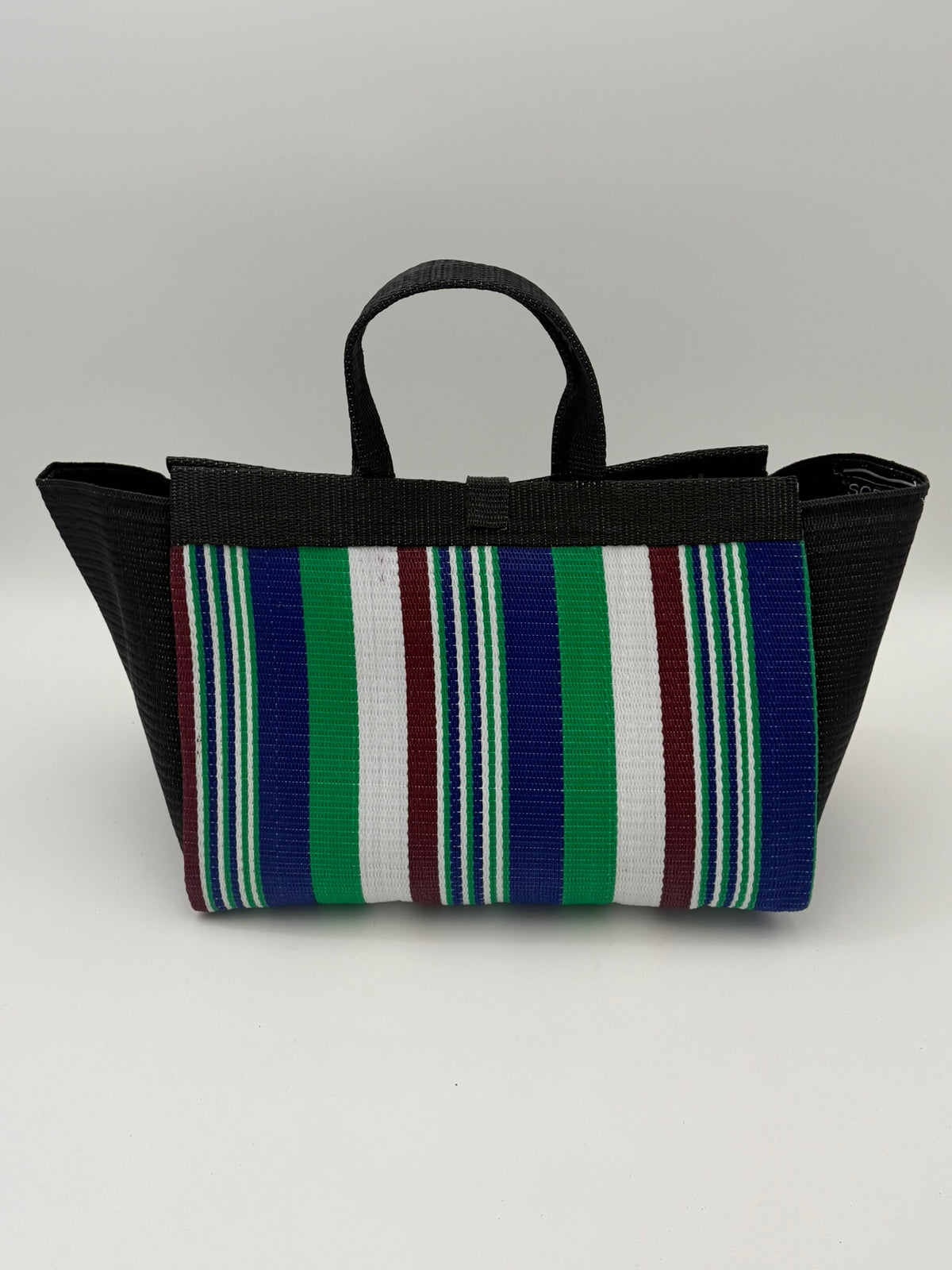 Emerald Large handwoven tote bag by SCRUBIES in Black,Blue,White,Green, with Stripes design and Almond accent pattern
