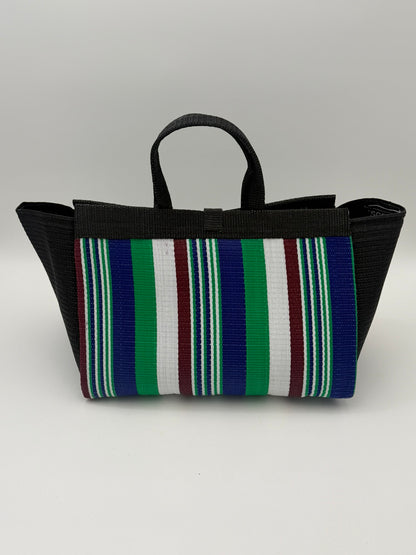 Emerald Large handwoven tote bag by SCRUBIES in Black,Blue,White,Green, with Stripes design and Almond accent pattern