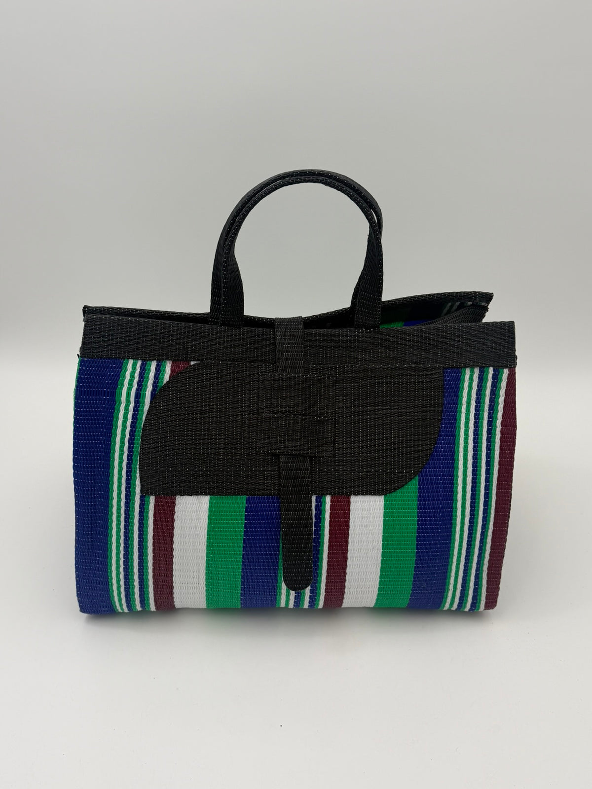 Emerald Large handwoven tote bag by SCRUBIES in Black,Blue,White,Green, with Stripes design and Almond accent pattern