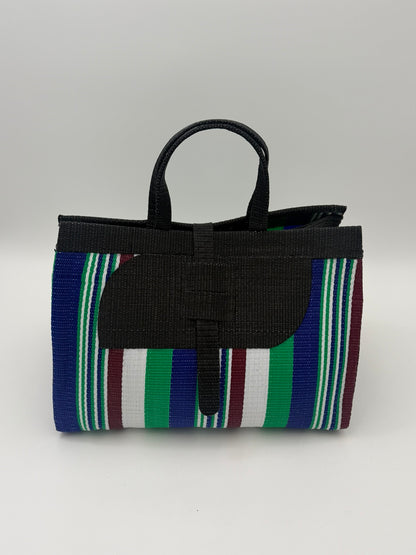 Emerald Large handwoven tote bag by SCRUBIES in Black,Blue,White,Green, with Stripes design and Almond accent pattern