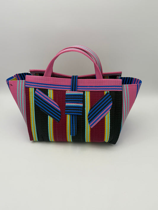 Winery Large handwoven tote bag by SCRUBIES in Pink,Blue,Wine,Black, with Stripes design and Leaf accent pattern