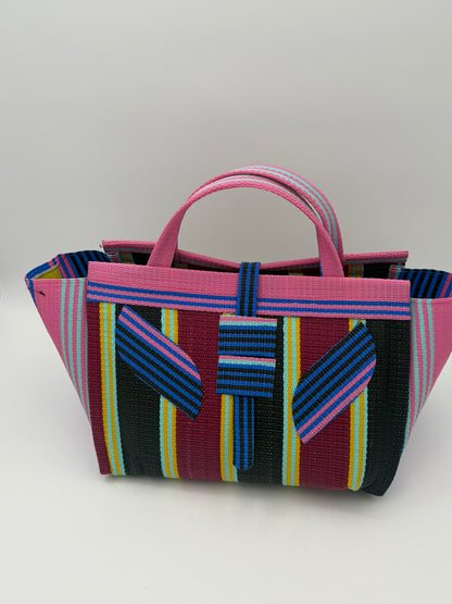 Winery Large handwoven tote bag by SCRUBIES in Pink,Blue,Wine,Black, with Stripes design and Leaf accent pattern