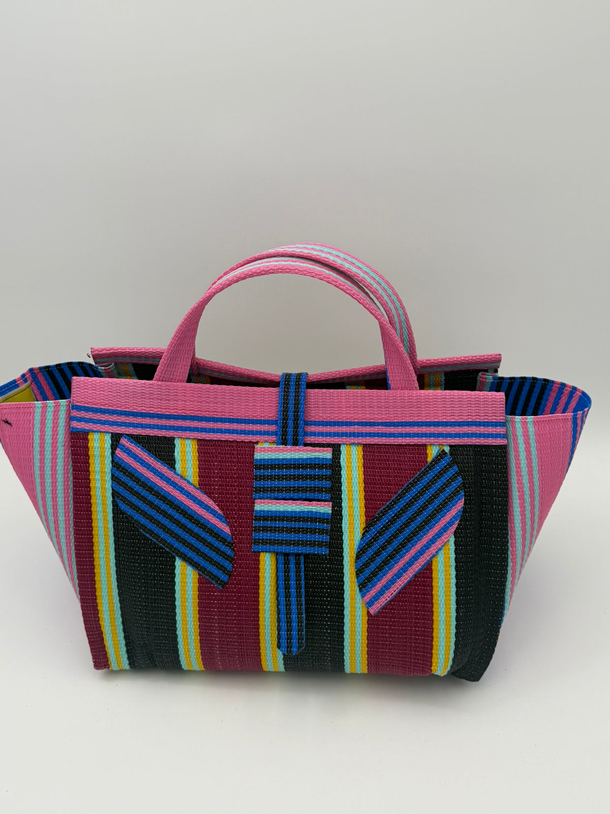 Winery Large handwoven tote bag by SCRUBIES in Pink,Blue,Wine,Black, with Stripes design and Leaf accent pattern