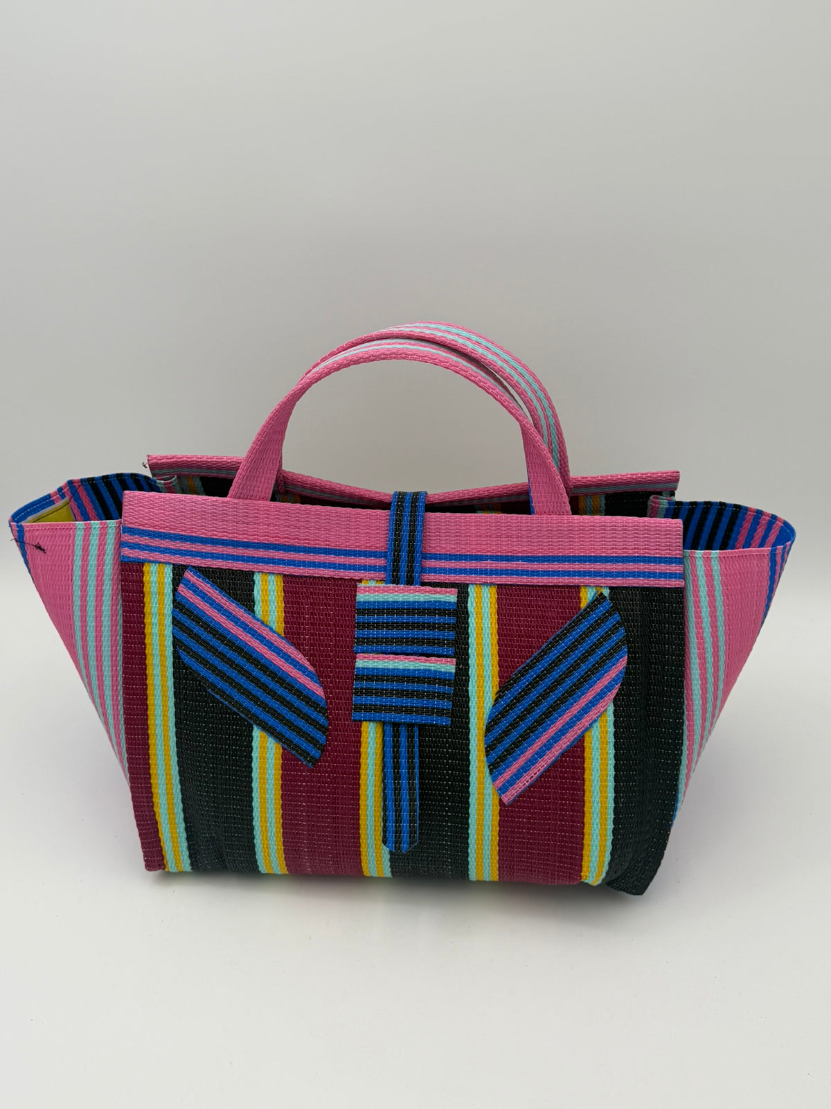 Winery Large handwoven tote bag by SCRUBIES in Pink,Blue,Wine,Black, with Stripes design and Leaf accent pattern
