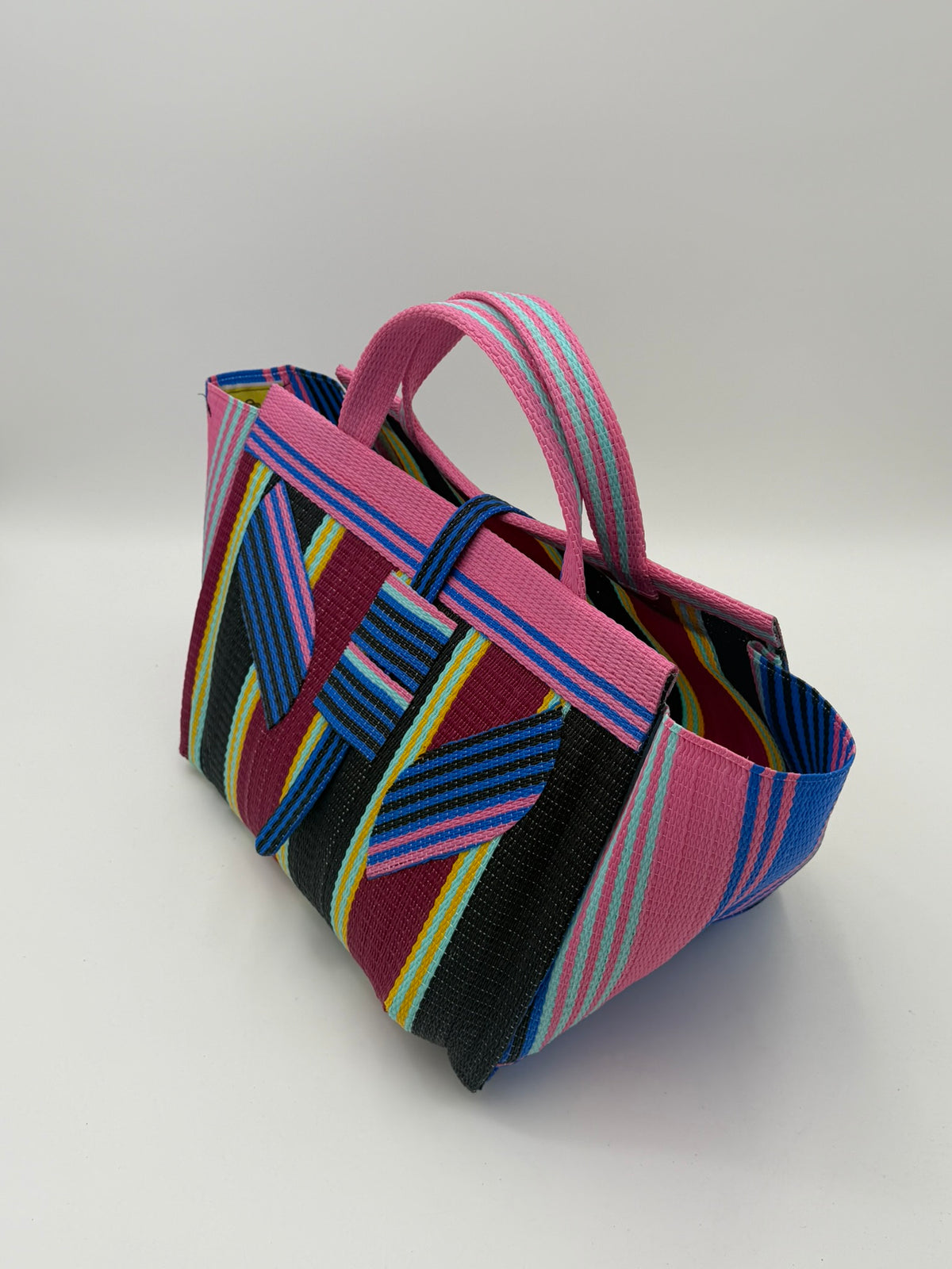 Winery Large handwoven tote bag by SCRUBIES in Pink,Blue,Wine,Black, with Stripes design and Leaf accent pattern