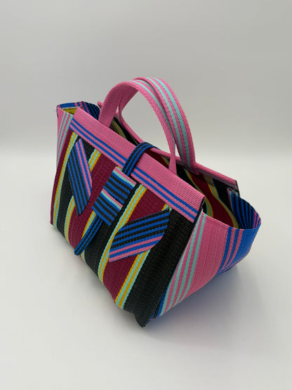 Winery Large handwoven tote bag by SCRUBIES in Pink,Blue,Wine,Black, with Stripes design and Leaf accent pattern