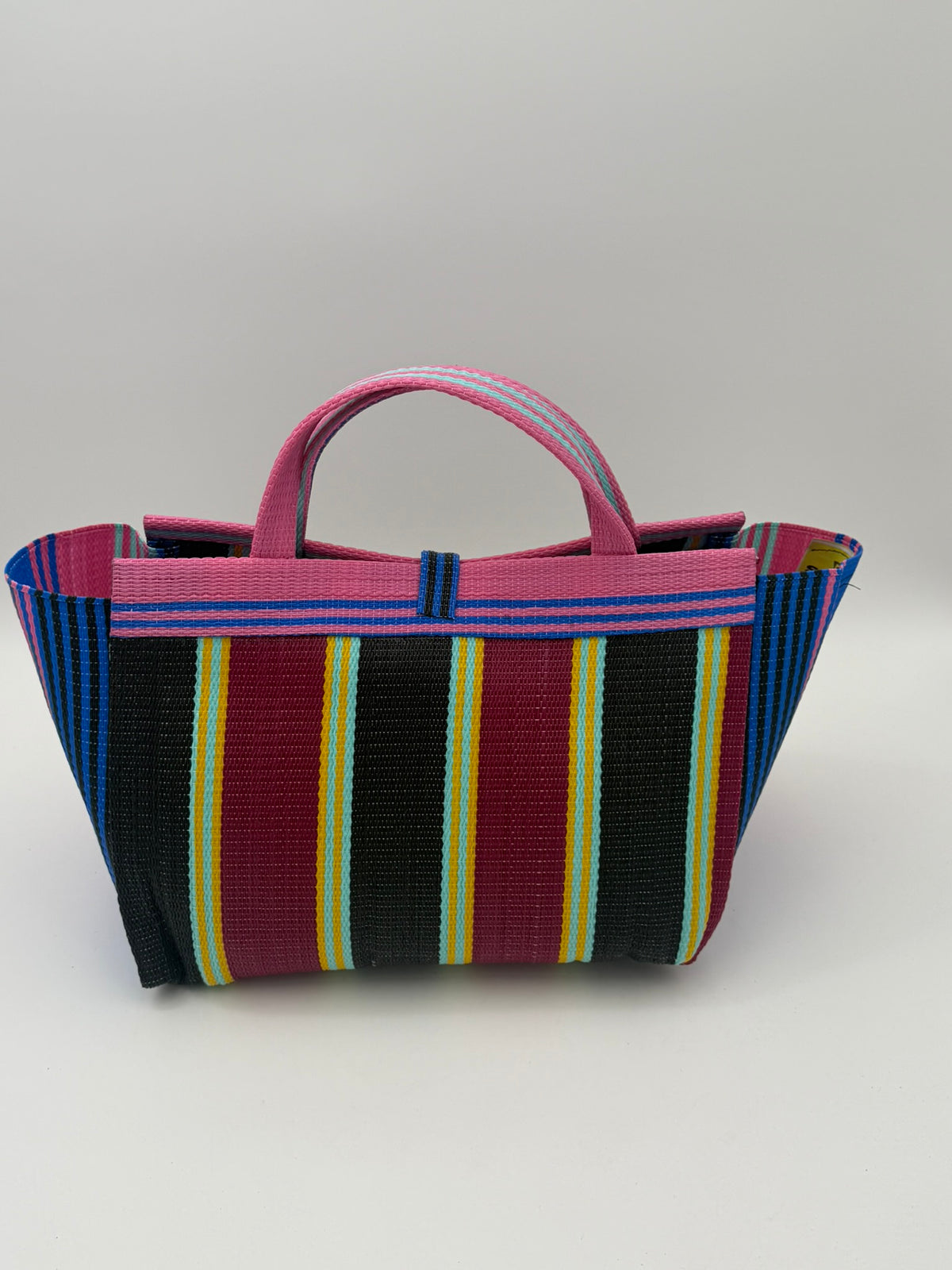 Winery Large handwoven tote bag by SCRUBIES in Pink,Blue,Wine,Black, with Stripes design and Leaf accent pattern