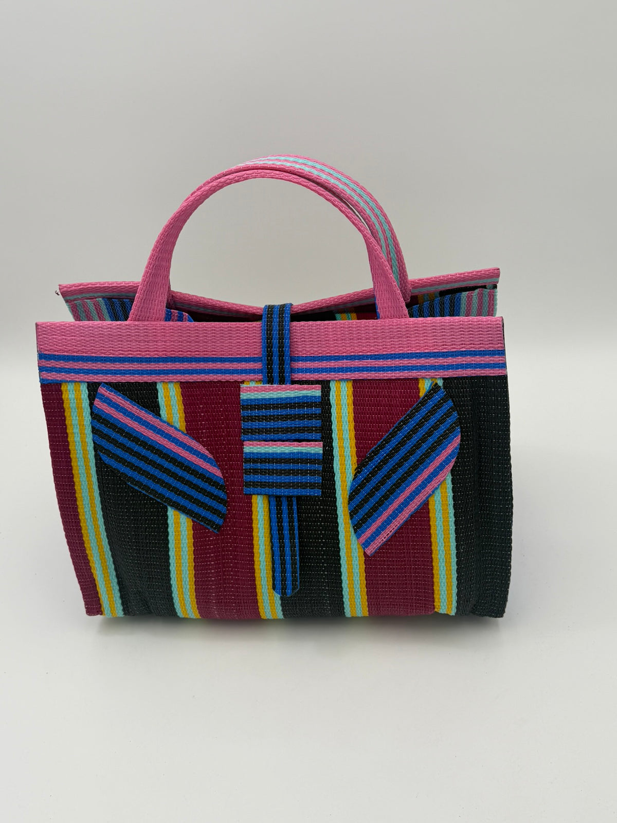 Winery Large handwoven tote bag by SCRUBIES in Pink,Blue,Wine,Black, with Stripes design and Leaf accent pattern