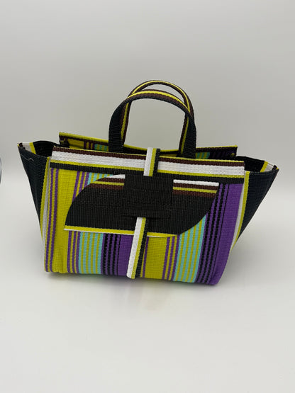 Lavender Large handwoven tote bag by SCRUBIES in Black,White,Yellow,Purple with Stripes design and Almond accent pattern