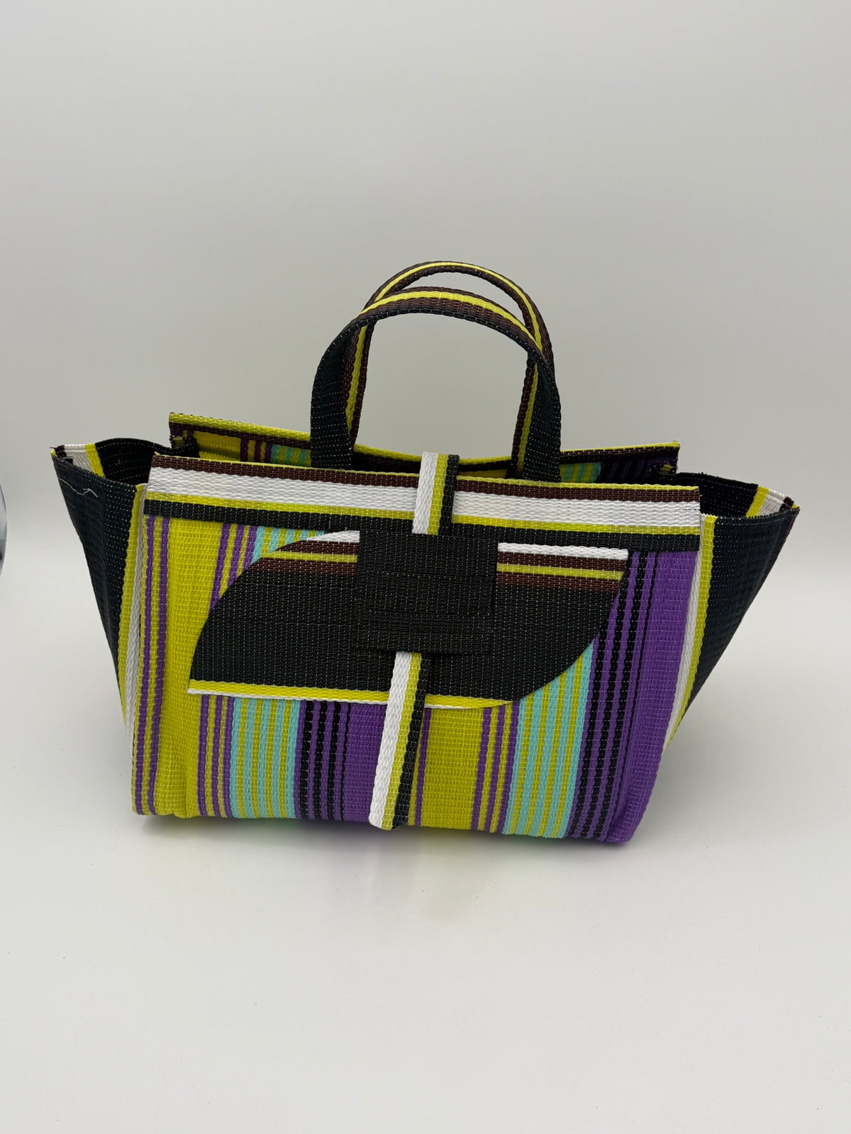 Lavender Large handwoven tote bag by SCRUBIES in Black,White,Yellow,Purple with Stripes design and Almond accent pattern