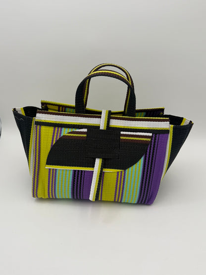 Lavender Large handwoven tote bag by SCRUBIES in Black,White,Yellow,Purple with Stripes design and Almond accent pattern