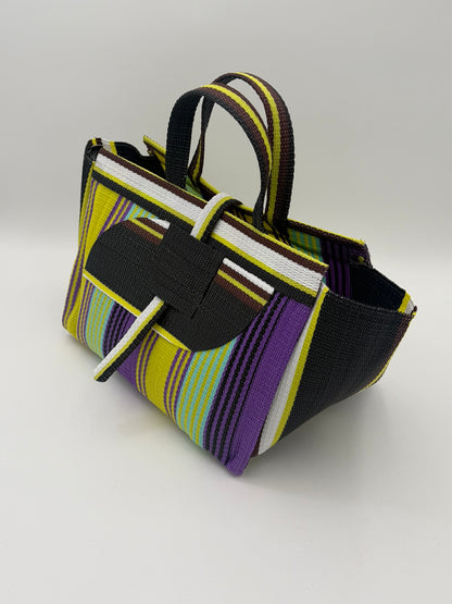 Lavender Large handwoven tote bag by SCRUBIES in Black,White,Yellow,Purple with Stripes design and Almond accent pattern