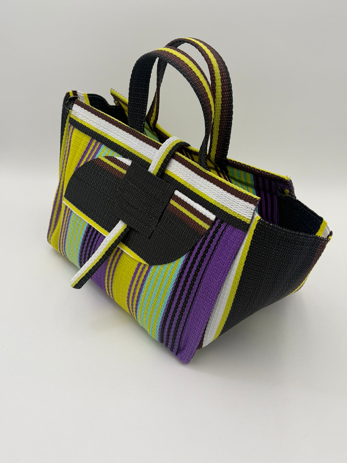 Lavender Large handwoven tote bag by SCRUBIES in Black,White,Yellow,Purple with Stripes design and Almond accent pattern