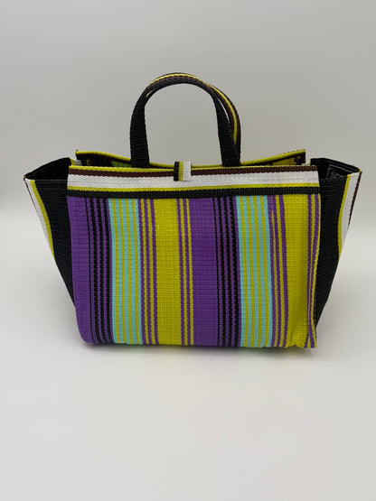 Lavender Large handwoven tote bag by SCRUBIES in Black,White,Yellow,Purple with Stripes design and Almond accent pattern