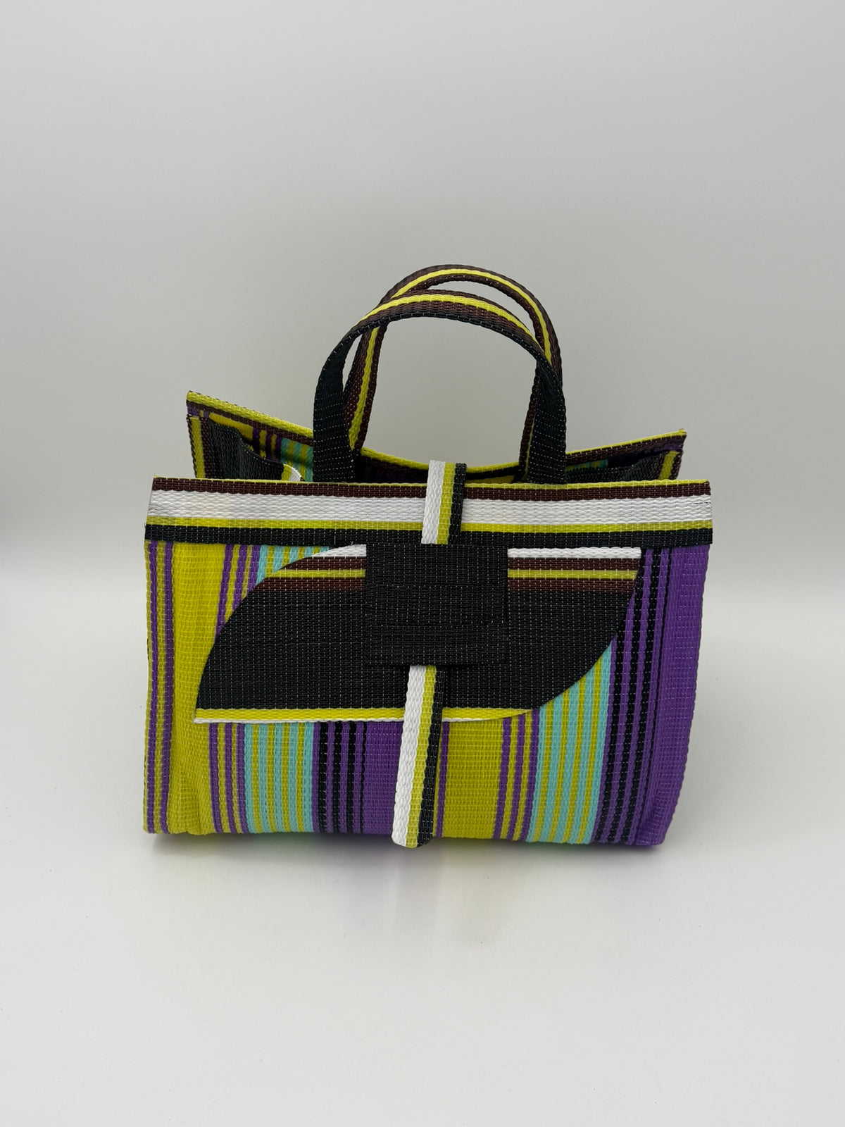 Lavender Large handwoven tote bag by SCRUBIES in Black,White,Yellow,Purple with Stripes design and Almond accent pattern