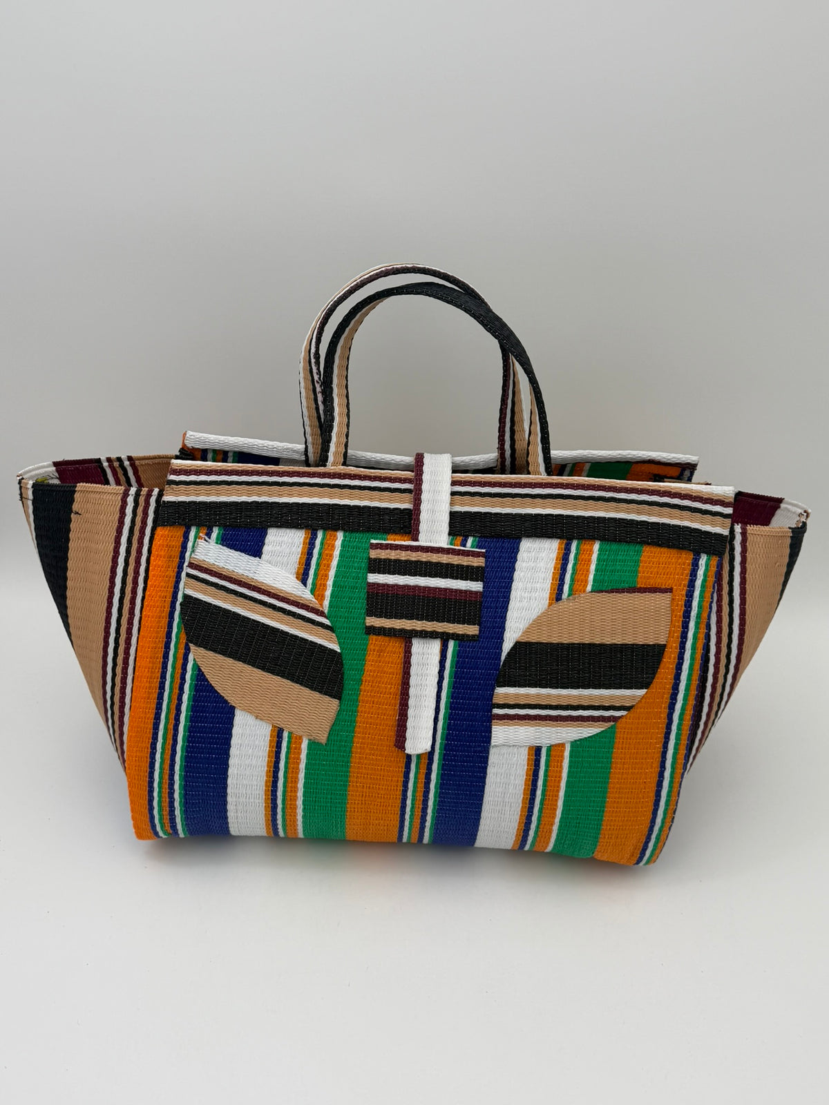 Citrus Large handwoven tote bag by SCRUBIES in Beige,Orange,Blue,White with Stripes design and Leaf accent pattern