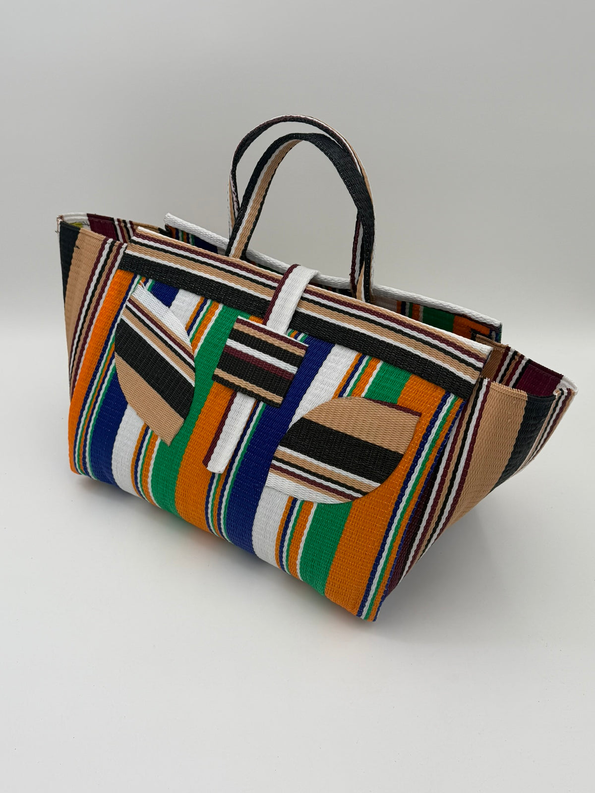 Citrus Large handwoven tote bag by SCRUBIES in Beige,Orange,Blue,White with Stripes design and Leaf accent pattern