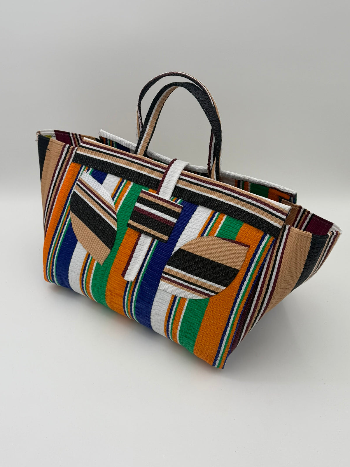 Citrus Large handwoven tote bag by SCRUBIES in Beige,Orange,Blue,White with Stripes design and Leaf accent pattern
