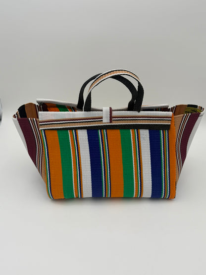 Citrus Large handwoven tote bag by SCRUBIES in Beige,Orange,Blue,White with Stripes design and Leaf accent pattern