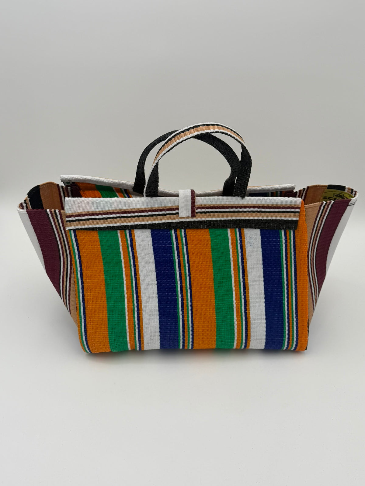 Citrus Large handwoven tote bag by SCRUBIES in Beige,Orange,Blue,White with Stripes design and Leaf accent pattern