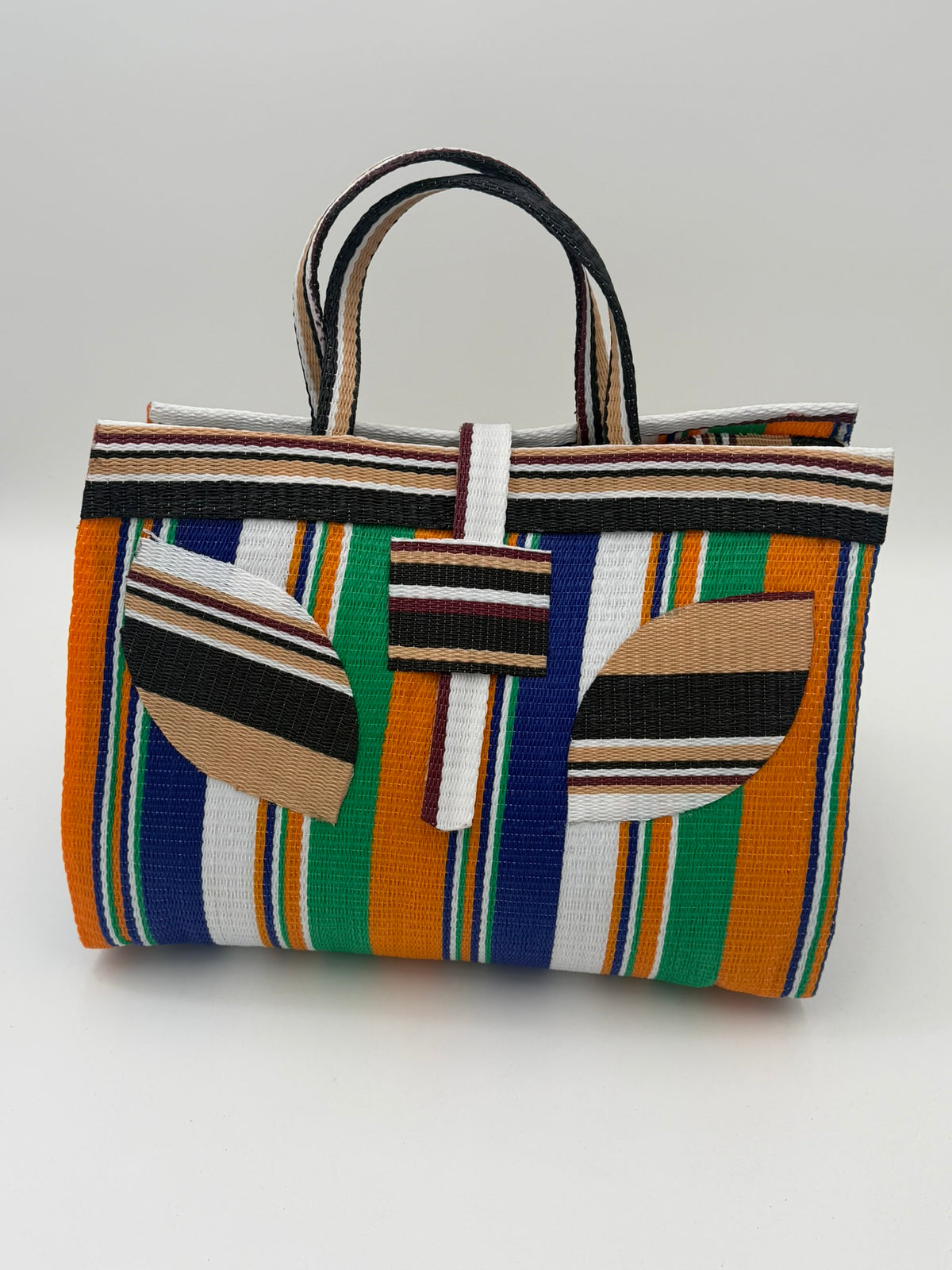 Citrus Large handwoven tote bag by SCRUBIES in Beige,Orange,Blue,White with Stripes design and Leaf accent pattern