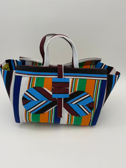 Citrus Large handwoven tote bag by SCRUBIES in Blue,White,Orange,Green with Stripes design and Bow accent pattern