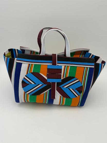 Citrus Large handwoven tote bag by SCRUBIES in Blue,White,Orange,Green with Stripes design and Bow accent pattern