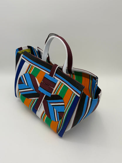 Citrus Large handwoven tote bag by SCRUBIES in Blue,White,Orange,Green with Stripes design and Bow accent pattern