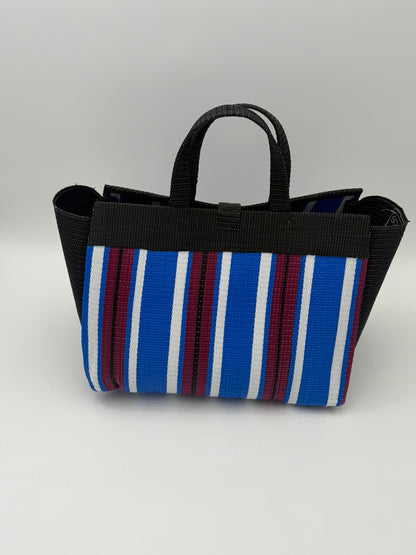 Berry Large handwoven tote bag by SCRUBIES in Black,Blue,White,Wine with Stripes design and Vee accent pattern