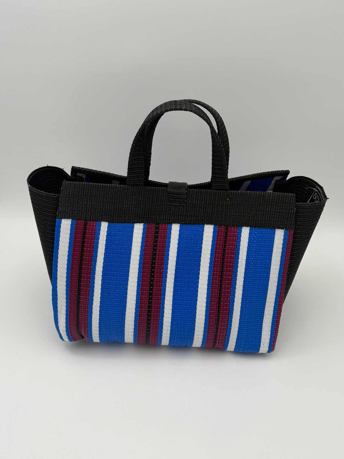 Berry Large handwoven tote bag by SCRUBIES in Black,Blue,White,Wine with Stripes design and Vee accent pattern
