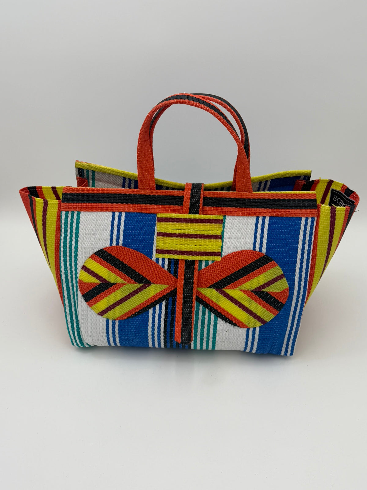 Sunshine Large handwoven tote bag by SCRUBIES in Orange,Yellow,Blue,White with Stripes design and Bow accent pattern