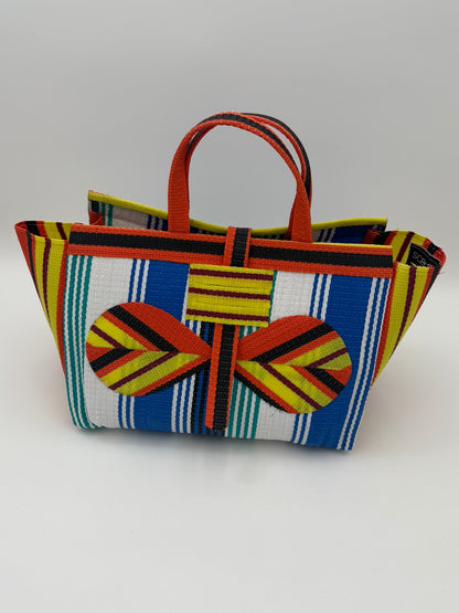 Sunshine Large handwoven tote bag by SCRUBIES in Orange,Yellow,Blue,White with Stripes design and Bow accent pattern
