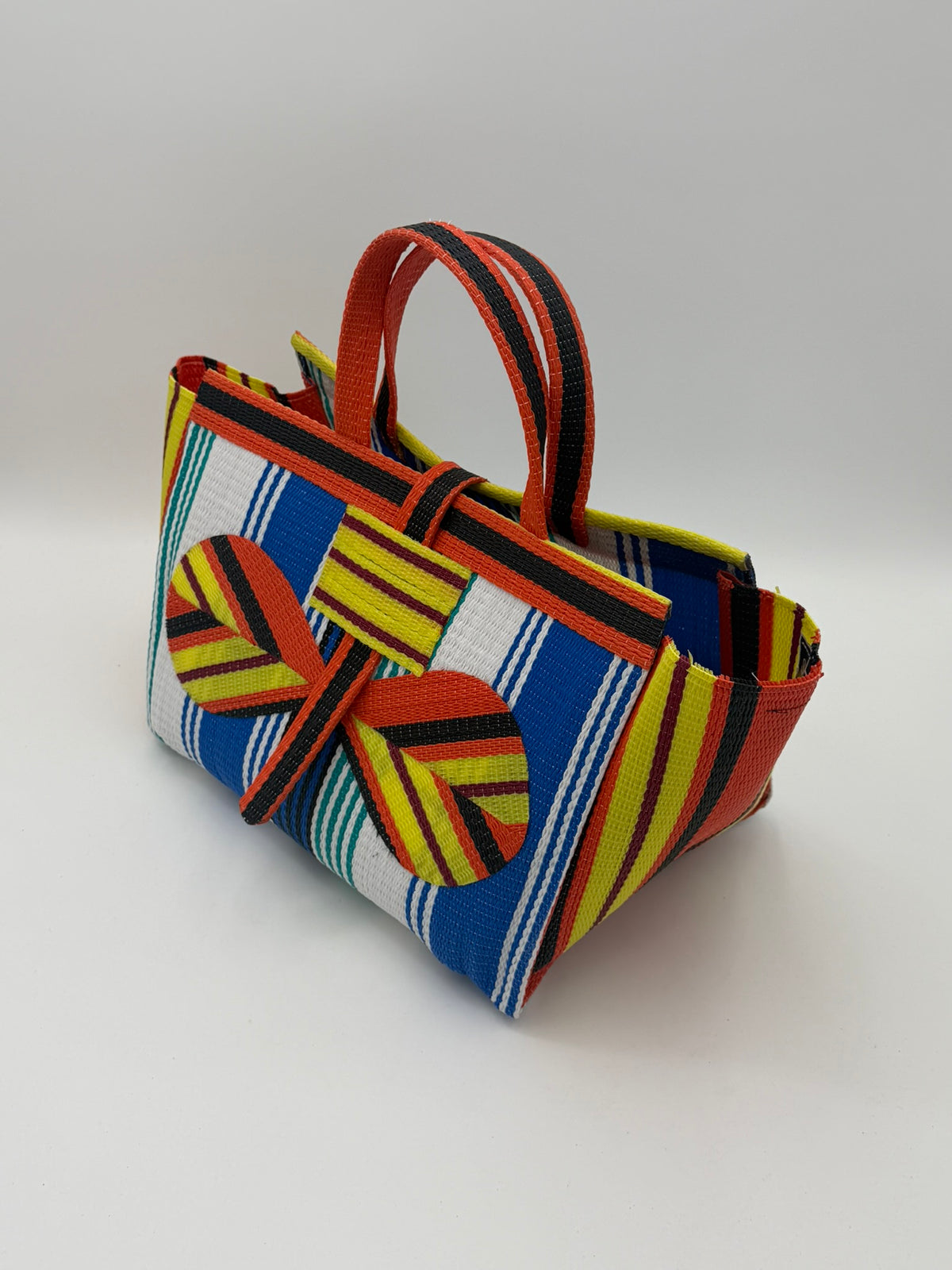 Sunshine Large handwoven tote bag by SCRUBIES in Orange,Yellow,Blue,White with Stripes design and Bow accent pattern