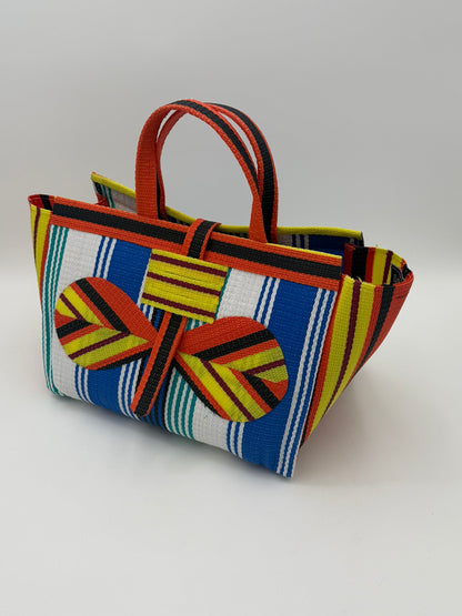 Sunshine Large handwoven tote bag by SCRUBIES in Orange,Yellow,Blue,White with Stripes design and Bow accent pattern