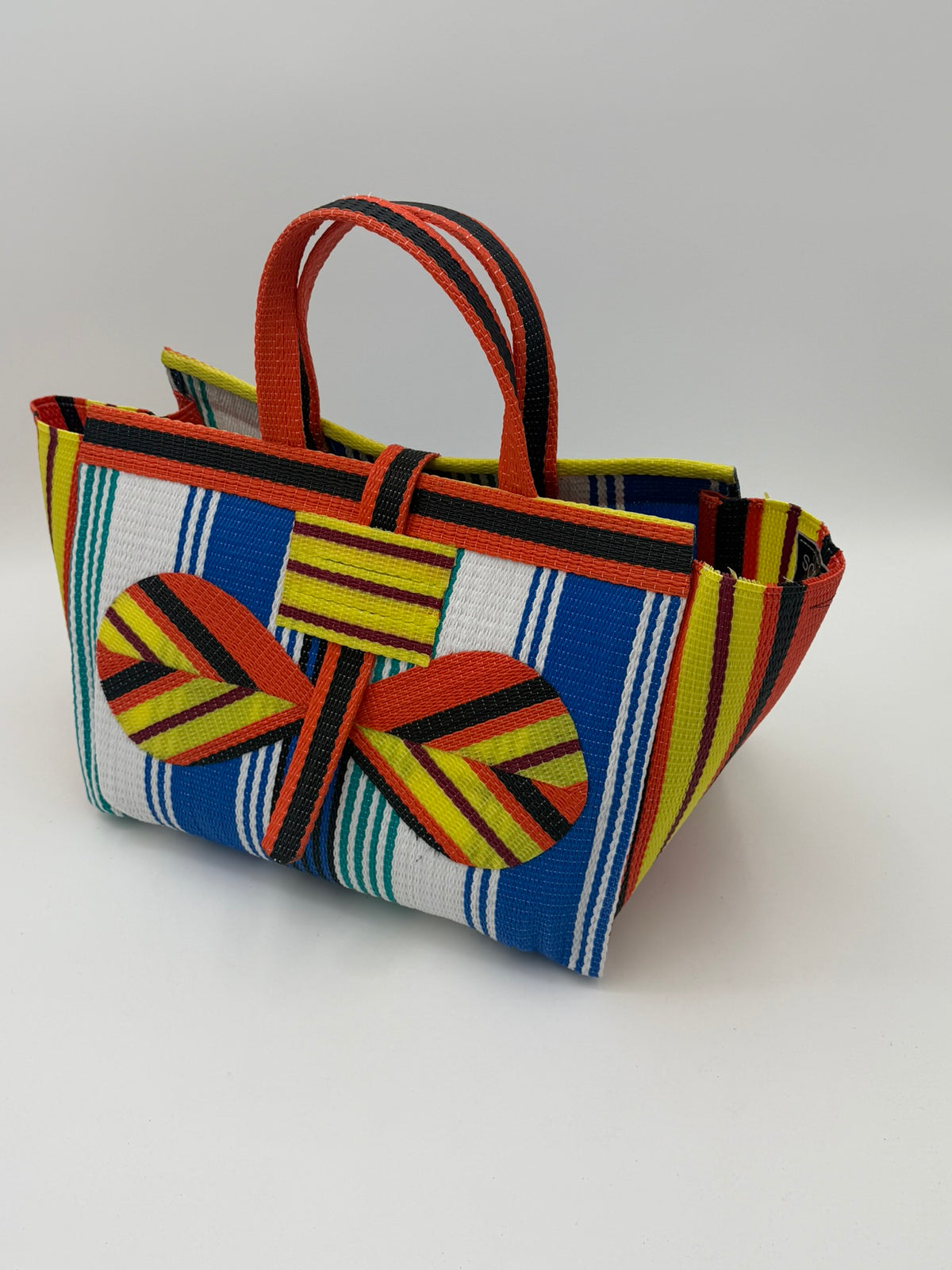 Sunshine Large handwoven tote bag by SCRUBIES in Orange,Yellow,Blue,White with Stripes design and Bow accent pattern