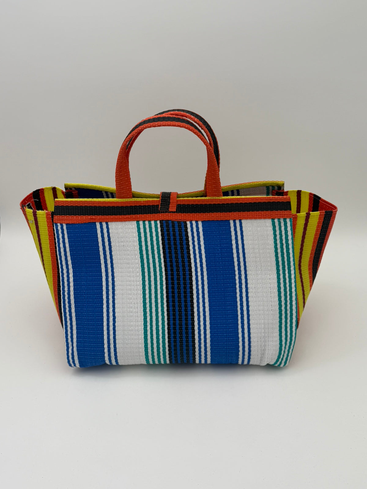 Sunshine Large handwoven tote bag by SCRUBIES in Orange,Yellow,Blue,White with Stripes design and Bow accent pattern