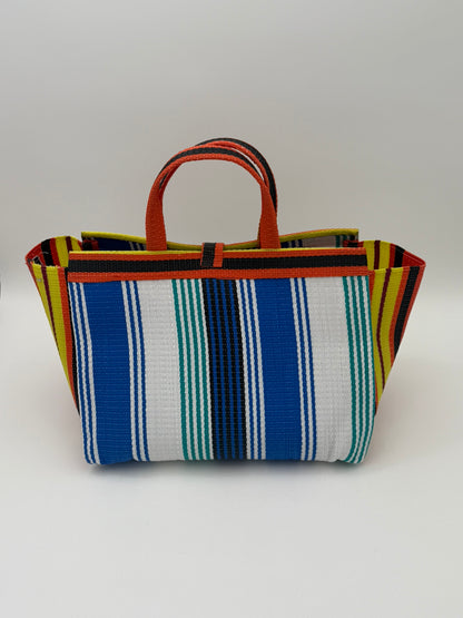 Sunshine Large handwoven tote bag by SCRUBIES in Orange,Yellow,Blue,White with Stripes design and Bow accent pattern