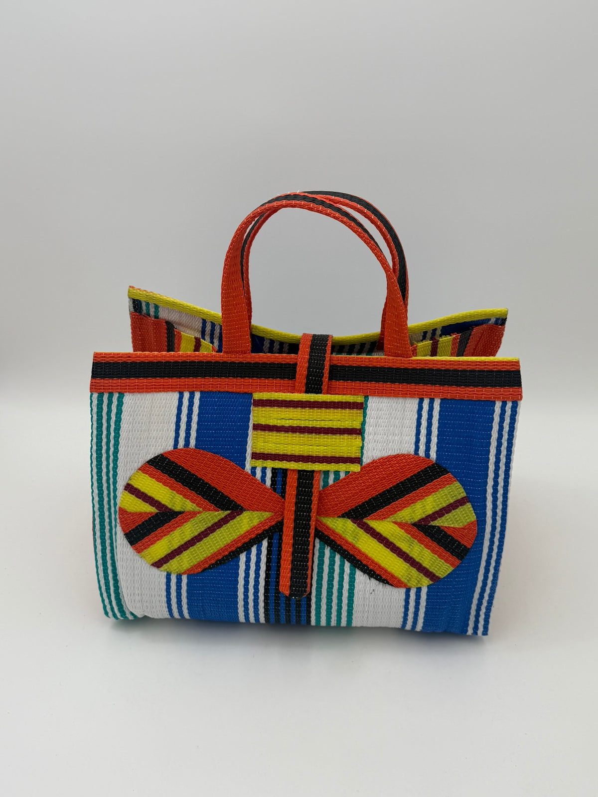 Sunshine Large handwoven tote bag by SCRUBIES in Orange,Yellow,Blue,White with Stripes design and Bow accent pattern