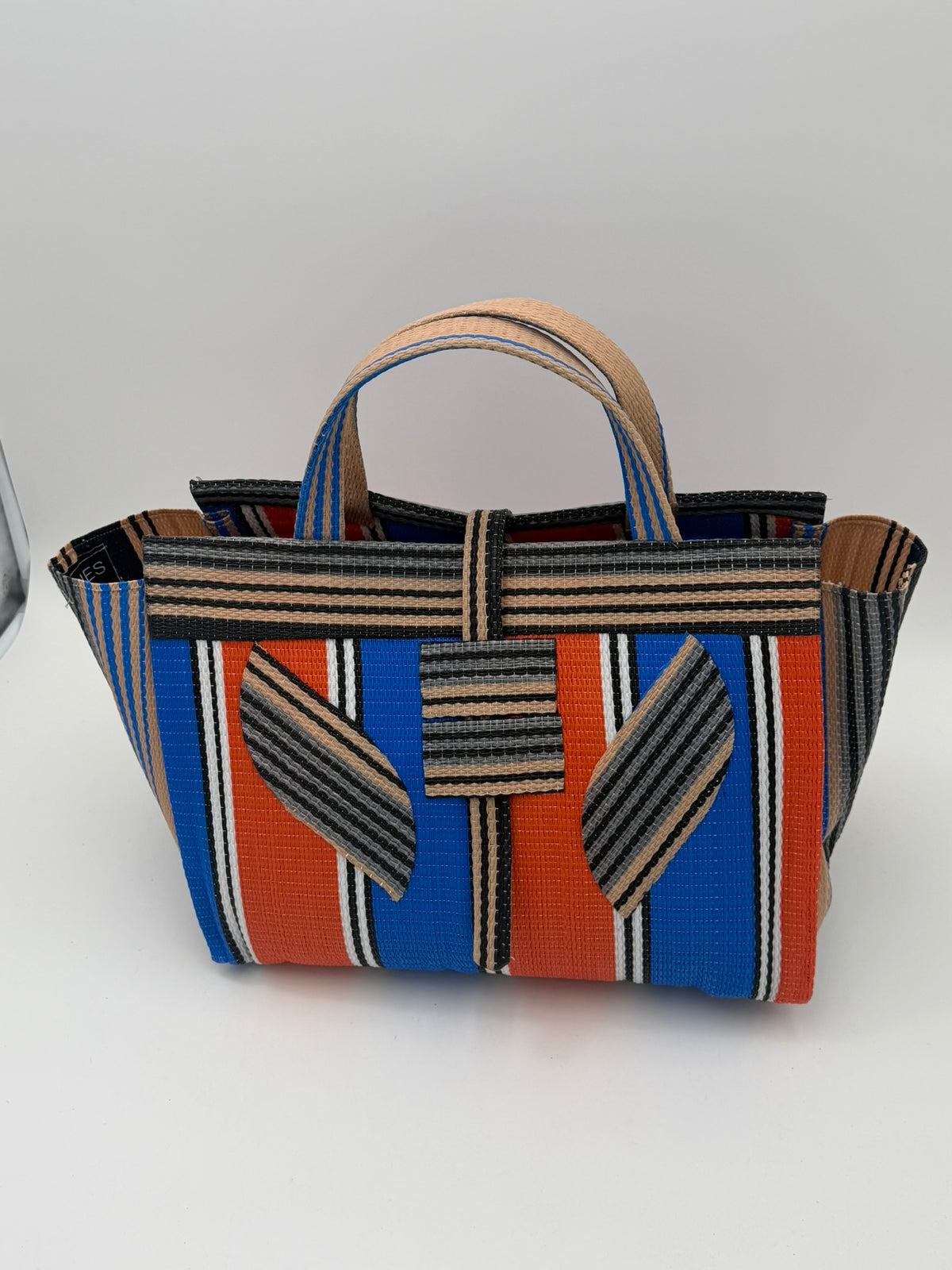 Citrus Large handwoven tote bag by SCRUBIES in Orange,Blue,Beige,Black with Stripes design and Leaf accent pattern