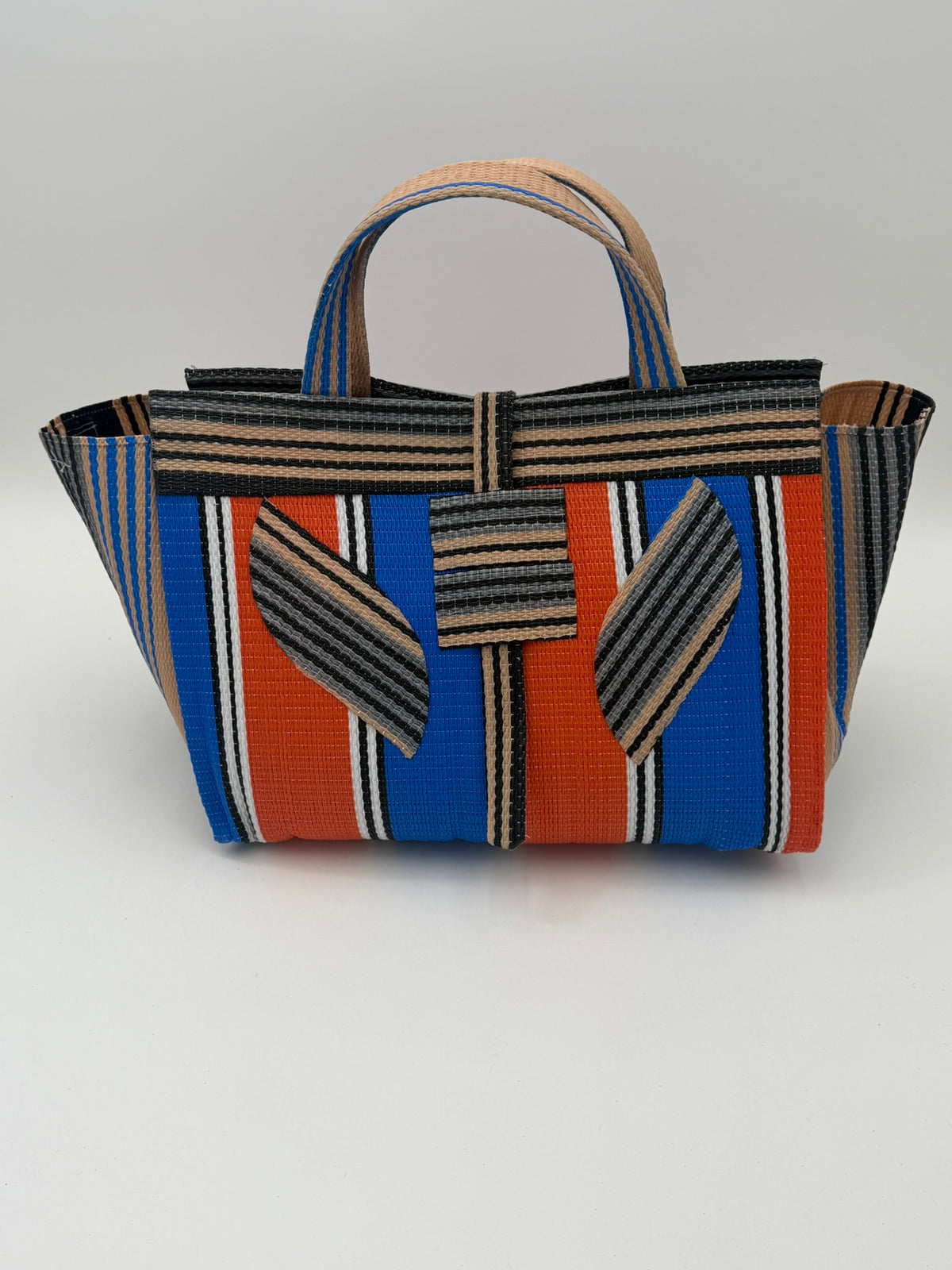 Citrus Large handwoven tote bag by SCRUBIES in Orange,Blue,Beige,Black with Stripes design and Leaf accent pattern