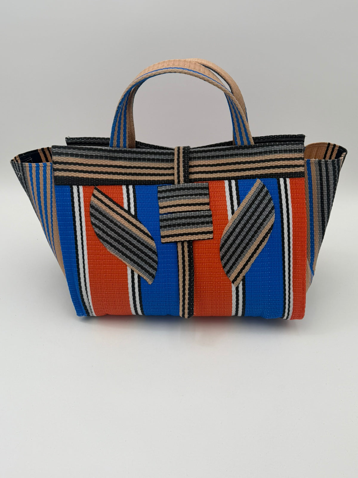 Citrus Large handwoven tote bag by SCRUBIES in Orange,Blue,Beige,Black with Stripes design and Leaf accent pattern