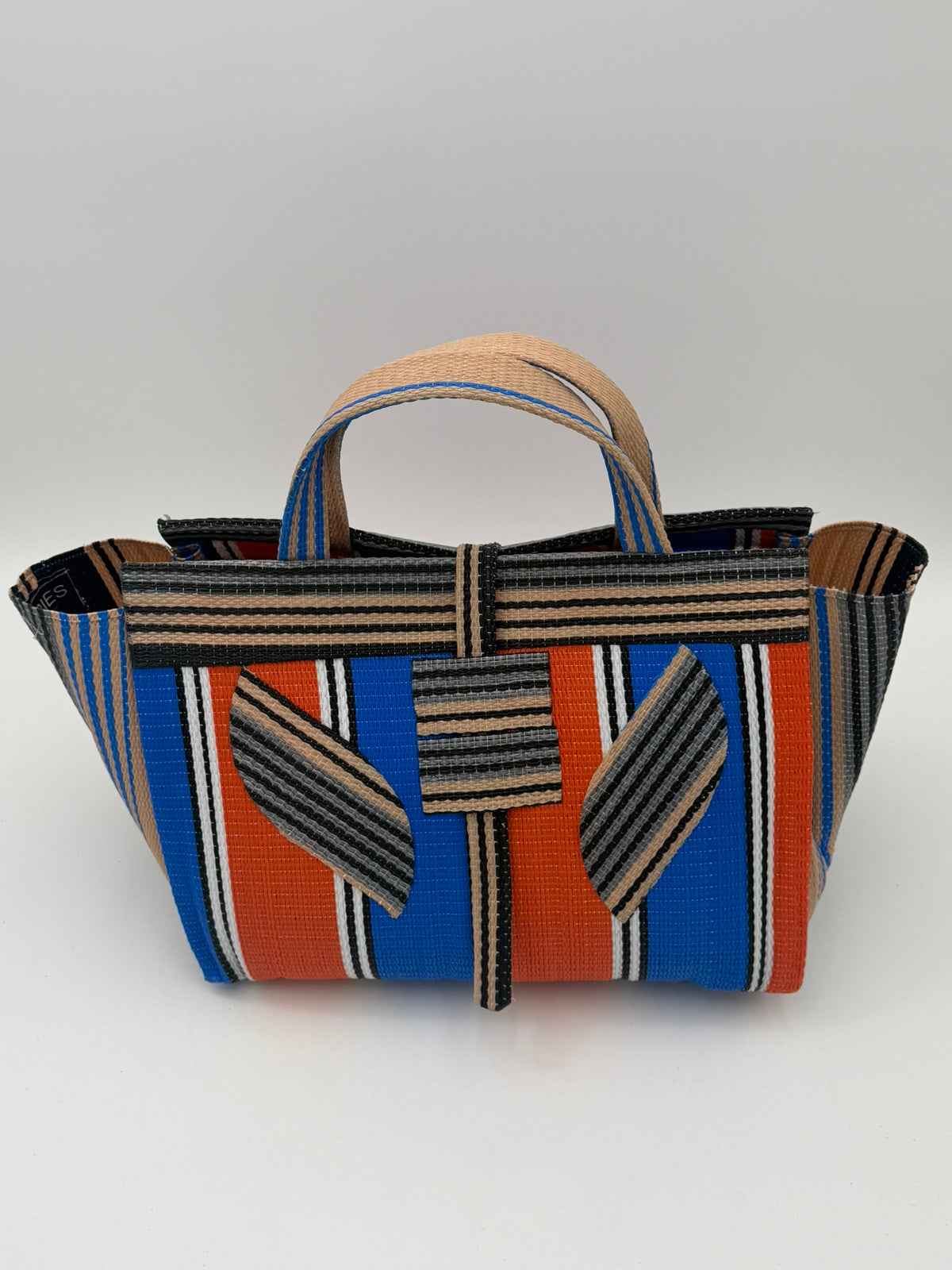 Citrus Large handwoven tote bag by SCRUBIES in Orange,Blue,Beige,Black with Stripes design and Leaf accent pattern
